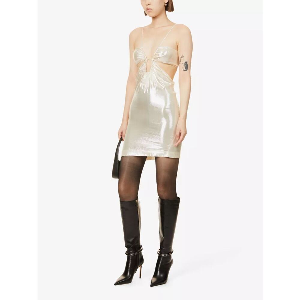 Nensi Dojaka Metallic Silk Sleeveless Cutout Bodycon Mini Dress Gold Women Small